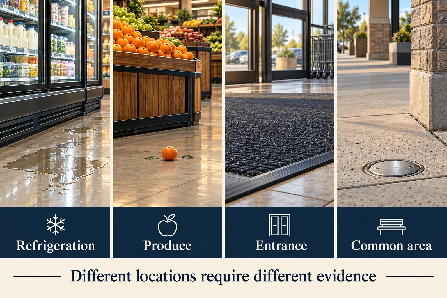Four panels show a refrigerated case, fallen produce, an entrance mat and a sidewalk fixture.