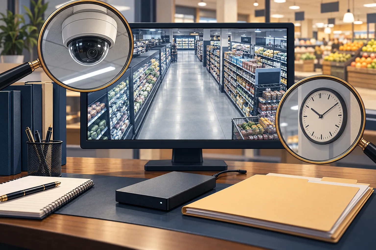 Illustration of a grocery camera view, original storage, a working folder and a magnified clock.