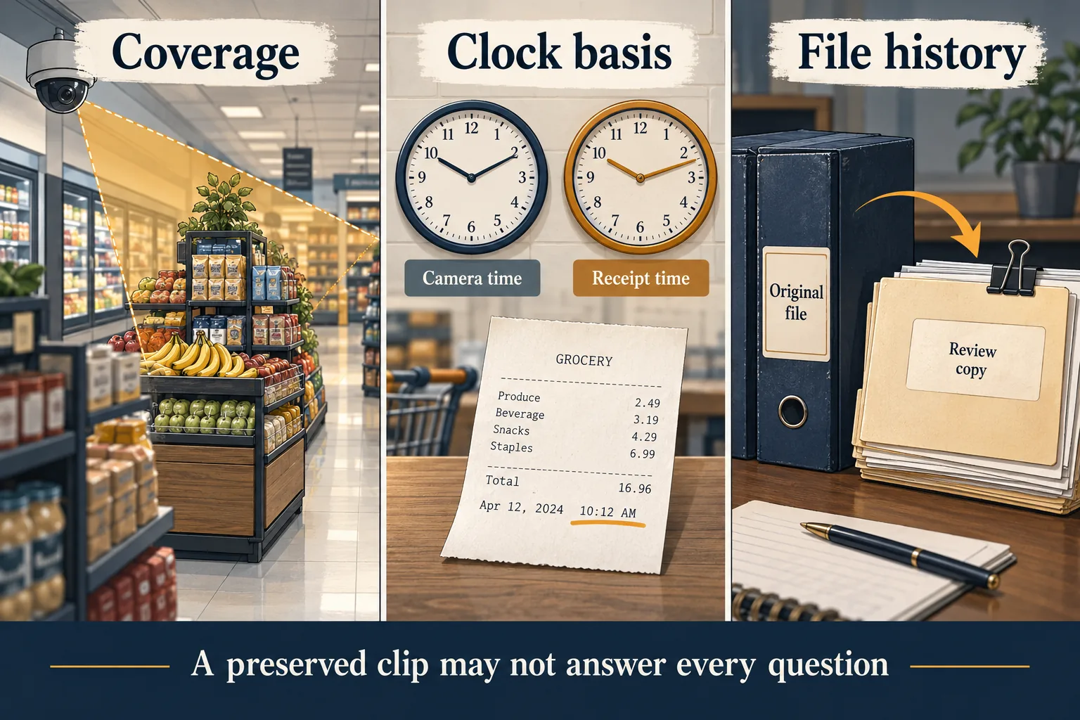 Three panels illustrate camera coverage, clock comparison and original versus working files.