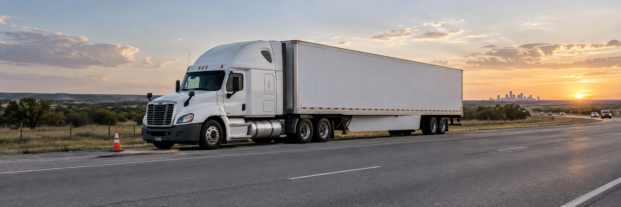 Illustration of a tractor-trailer stopped on a Texas highway shoulder at sunset.