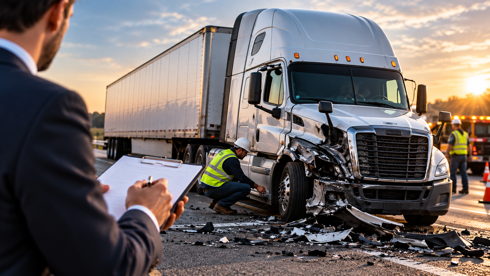 Illustration of investigators inspecting a damaged tractor-trailer after a collision