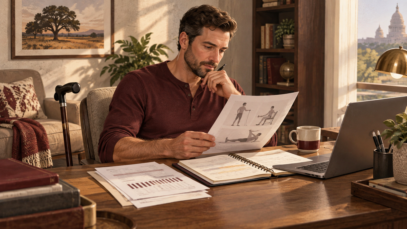 Conceptual illustration of an injured person reviewing a rehabilitation plan and work records