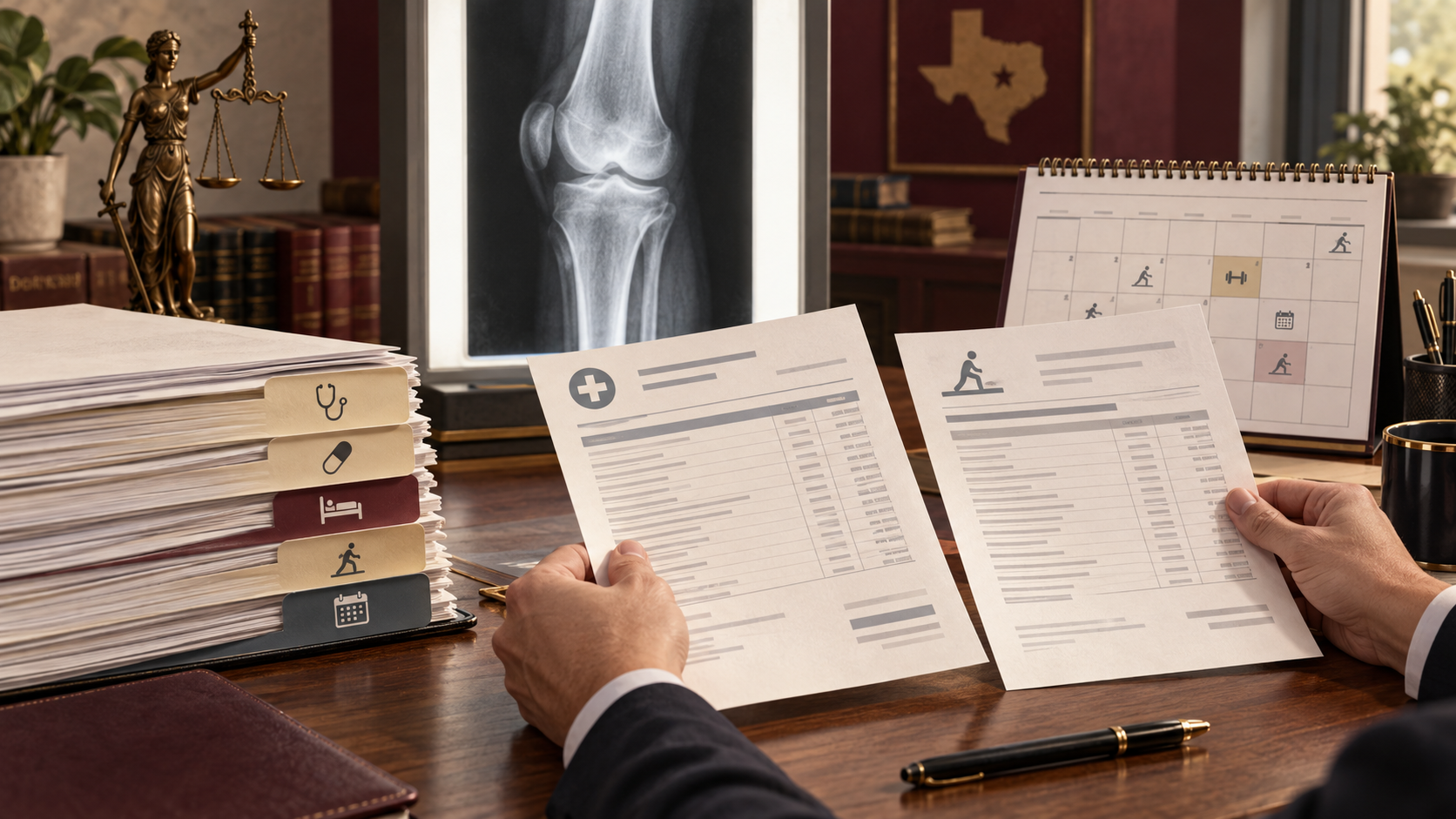 Conceptual illustration of treatment records, medical bills and rehabilitation planning