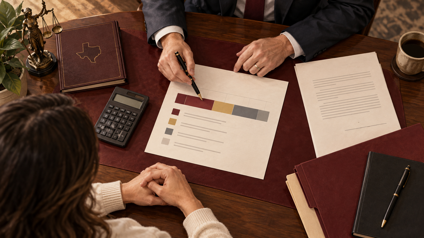 Conceptual illustration of a lawyer and client reviewing a settlement worksheet
