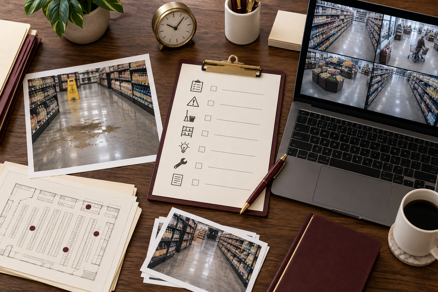 Store-aisle photograph, inspection record and surveillance views arranged for an evidence review.