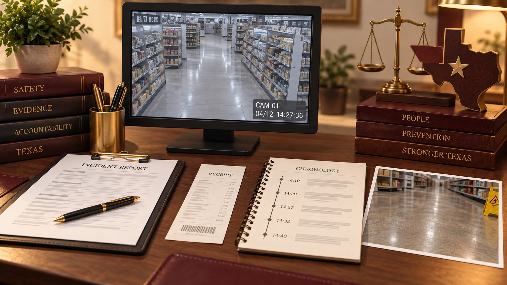 Illustration of retail video, an incident report and a chronology for evidence review