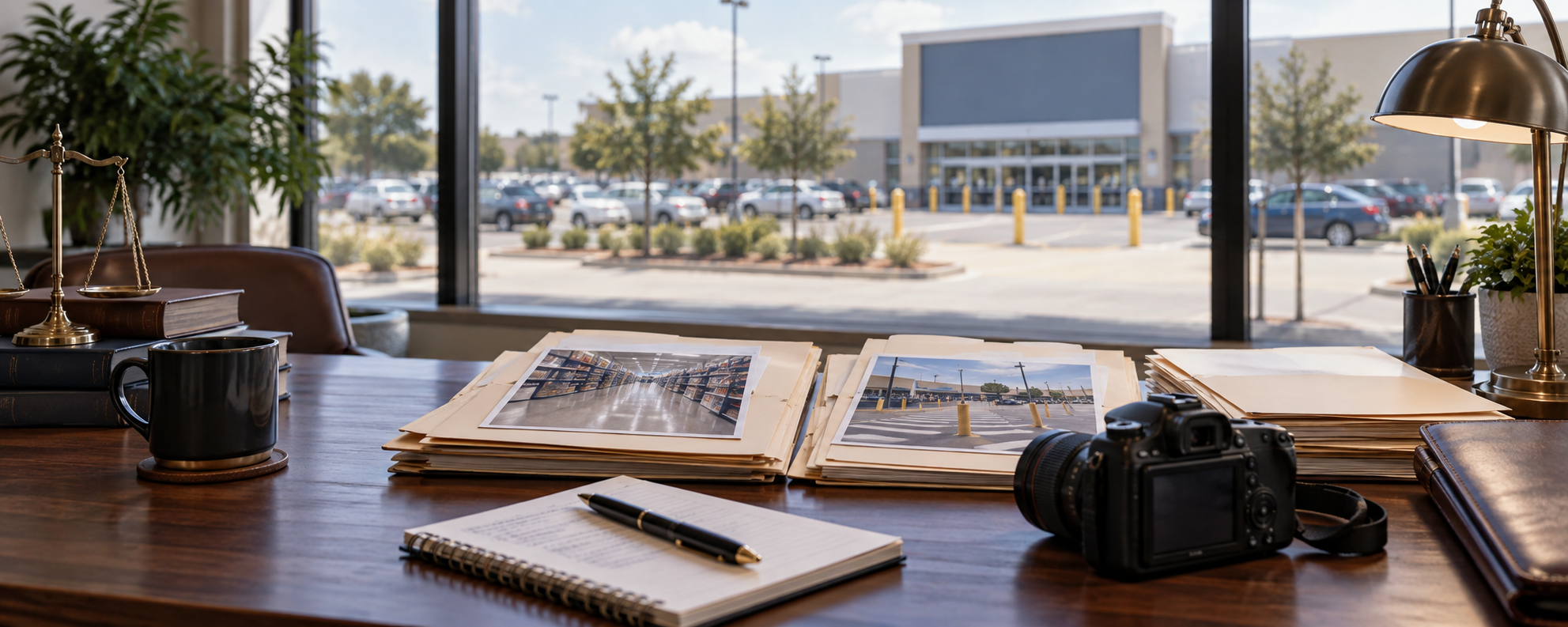 retail-injury case preparation with evidence folders and a camera overlooking a large store.