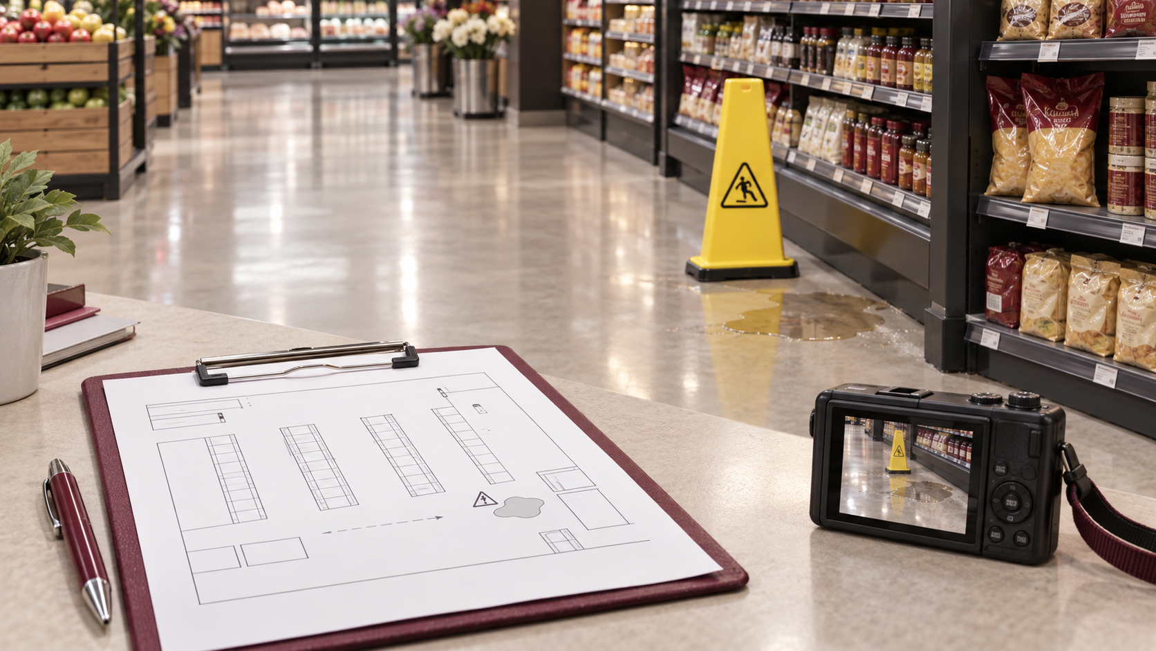 Conceptual illustration of documenting a retail floor condition and the placement of a warning cone