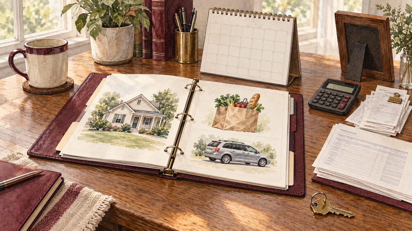 Illustration of a planning binder, household calendar, calculator and records used to document financial support and household services.